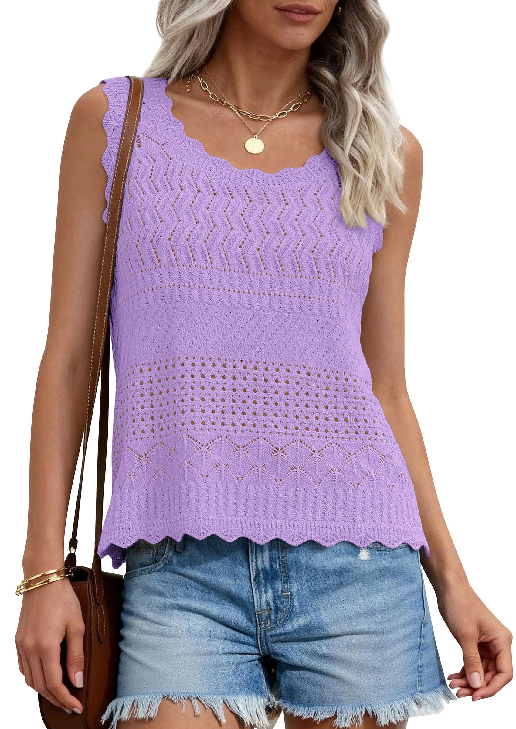 PRETTYGARDEN Womens Crochet Tank Tops Summer Spring Boho Sleeveless Cute Knit Sweater Vest Trendy Beach