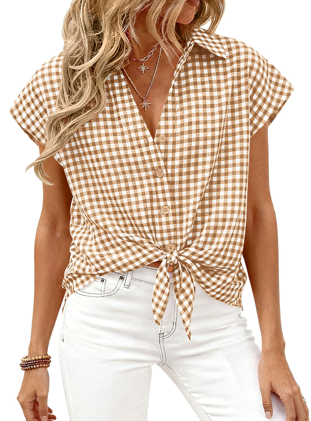 PRETTYGARDEN Womens Short Sleeve Shirts Plaid Button Down Blouse Dressy Casual Summer Spring Business Gingham Work Tops