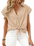 PRETTYGARDEN Womens Short Sleeve Shirts Plaid Button Down Blouse Dressy Casual Summer Spring Business Gingham Work Tops