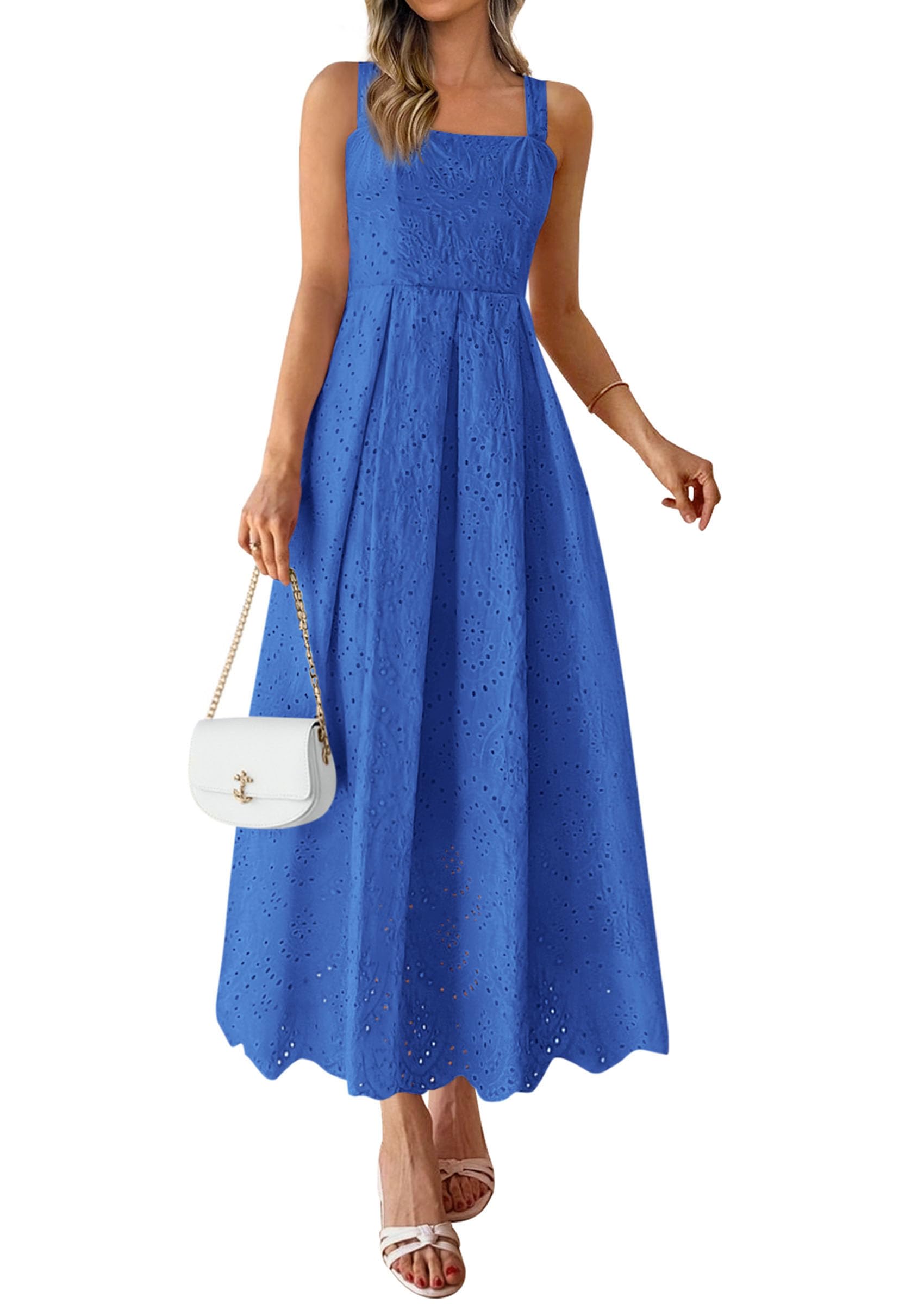 PRETTYGARDEN Womens Sleeveless Maxi Summer Dresses Hollow Out Eyelet Square Neck Ruffle Flowy Beach Vacation Sundress