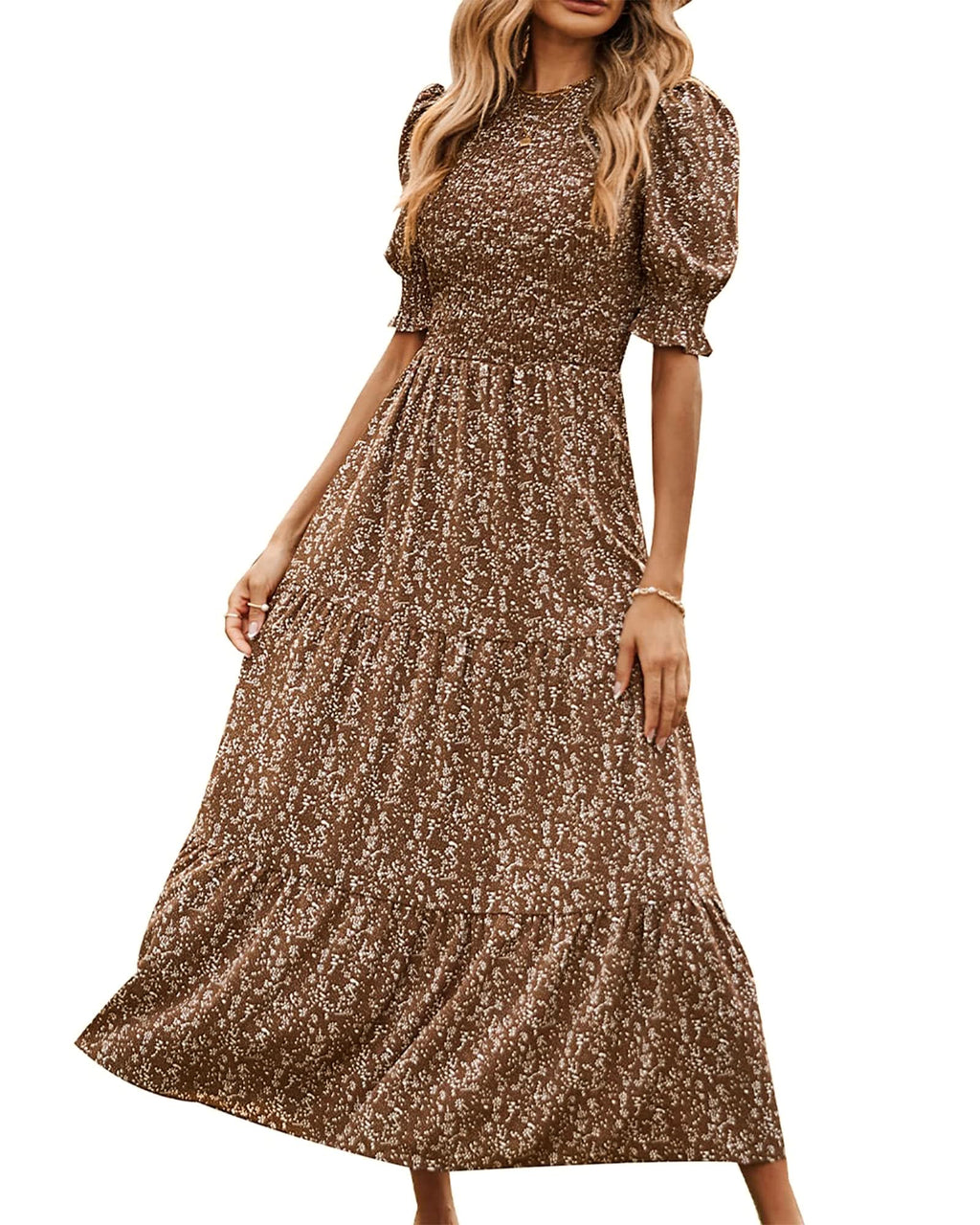 FreshPretty Women Casual Summer Dresses Spring Crew Neck Ruffle Short Sleeve Floral Print Smocked Boho Flowy Maxi Dress