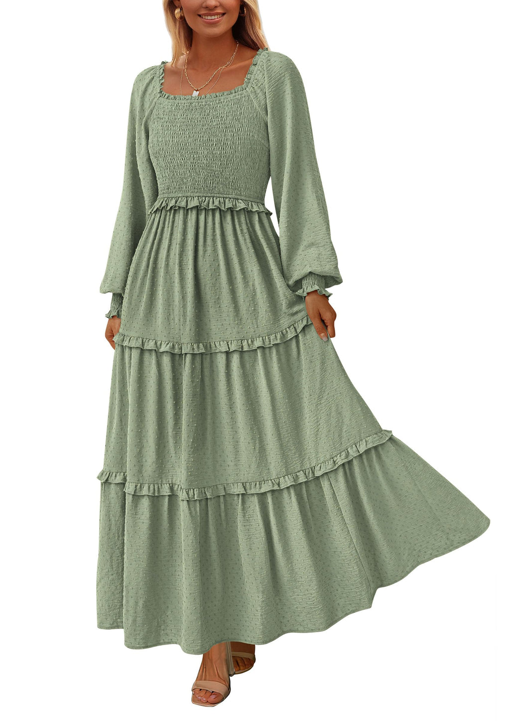 PRETTYGARDEN Fall Dresses for Women Long Sleeve Smocked Square Neck Swiss Dot Tiered Flowy Wedding Guest Maxi Dress