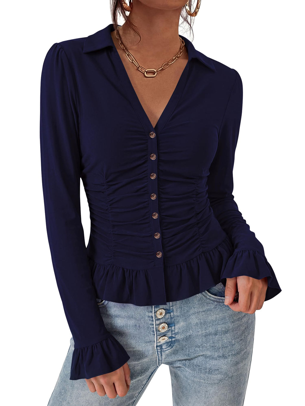 BTFBM Fitted Button Down Shirts for Women Dressy Casual Tops Collar V Neck Long Sleeve Ruched Tops, Stretchy Ruffle Blouses, Fall Fashion Clothing, Work Date Night Going Out Outfits