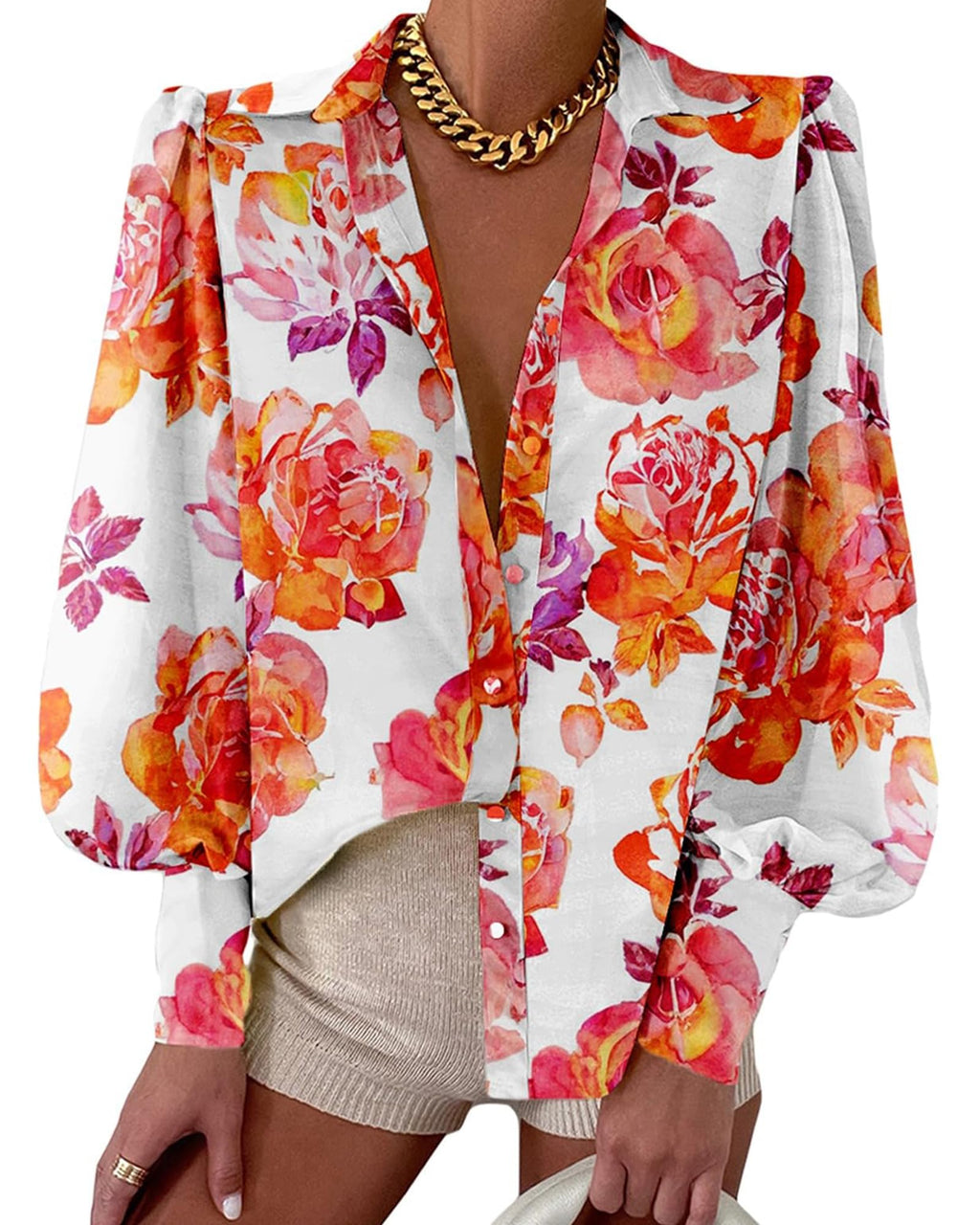 BTFBM Women Fashion Button Down Shirts V Neck Boho Printed Long Sleeve Blouses Dressy Casual Spring Fall Tops