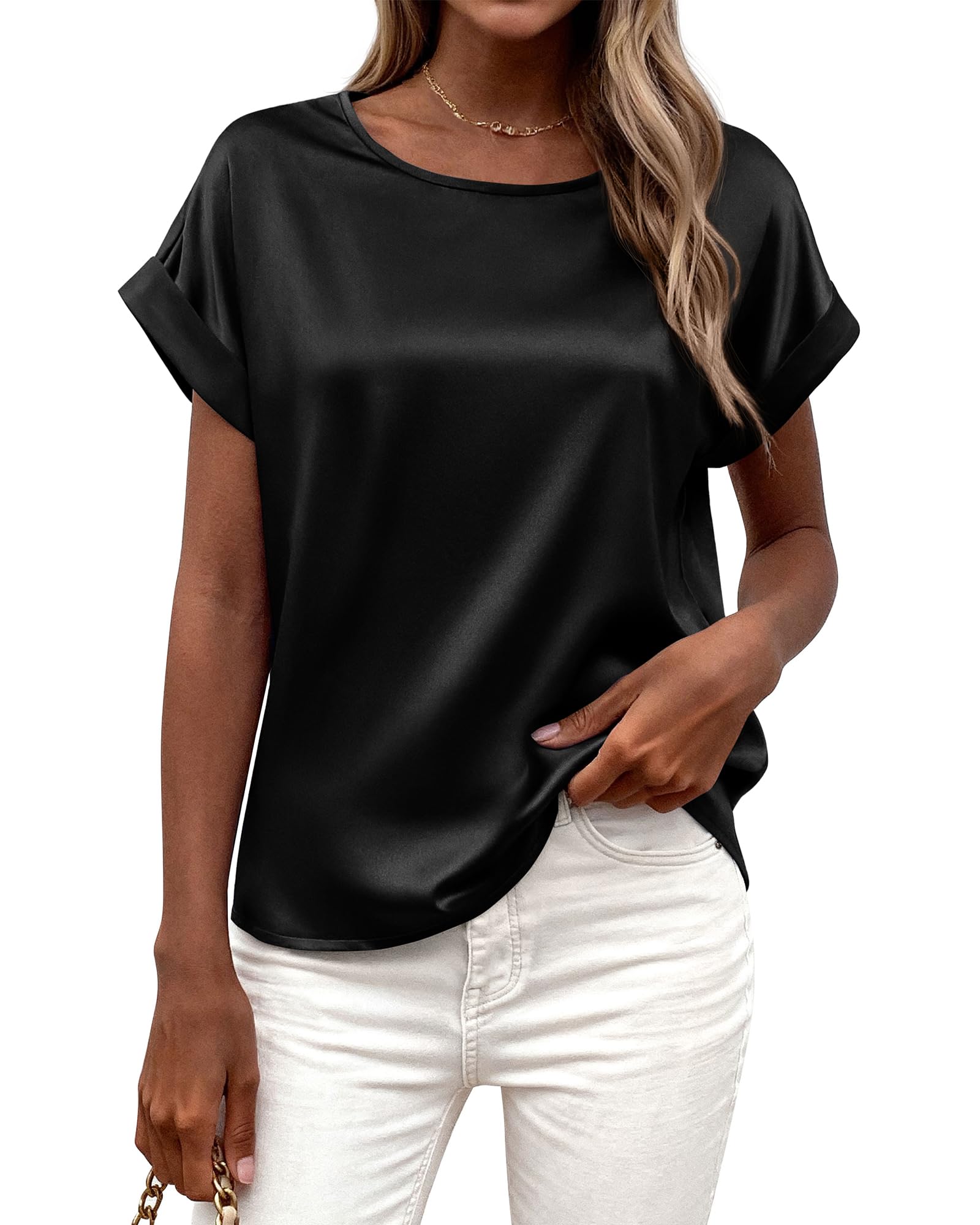 FreshPretty Womens Summer Tops Satin Silk Crewneck Short Sleeve Shirts Work Business Outfits Spring Blouses Dressy Casual