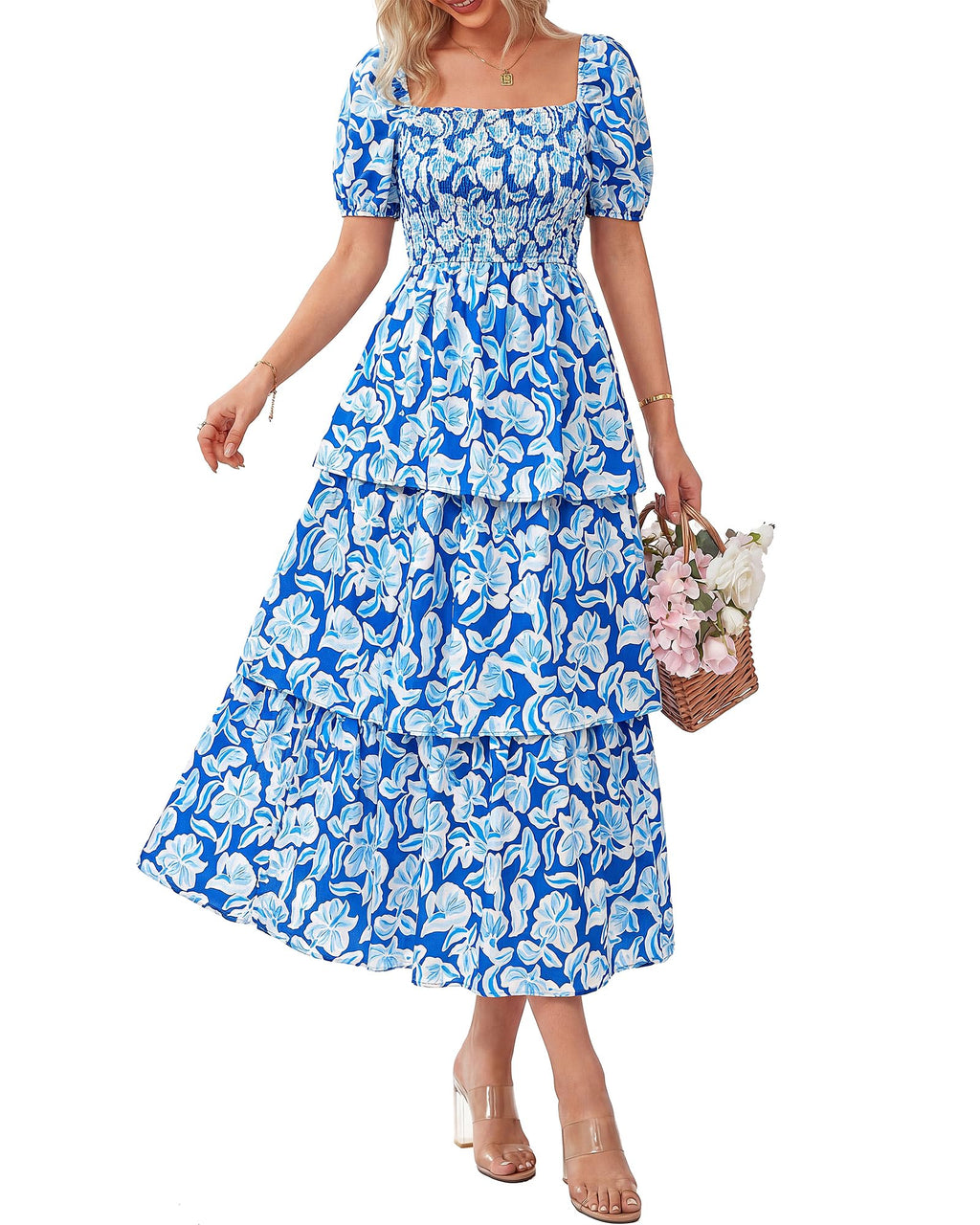 BTFBM Womens Square Neck Smocked Dress Summer Puff Short Sleeve Floral Casual Ruffle Tiered Maxi Wedding Guest Dresses