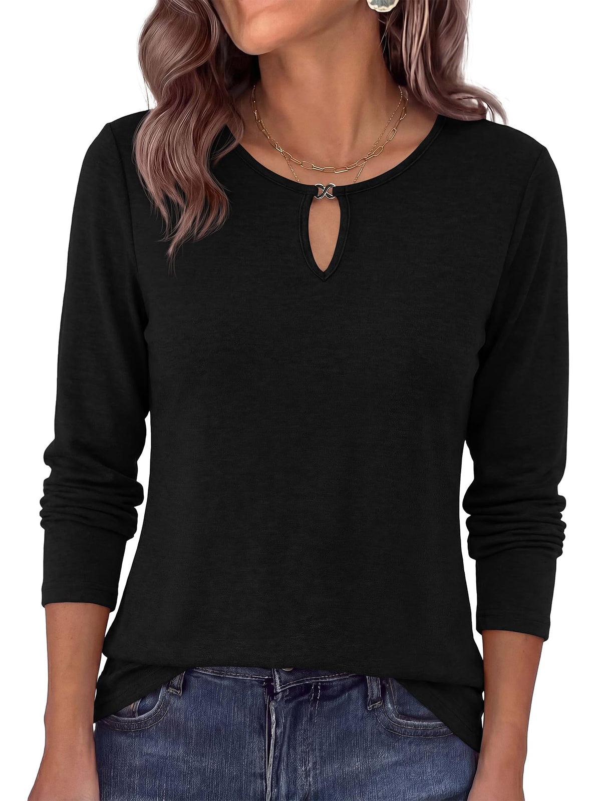 FreshPretty Long Sleeve Shirts for Women Fall Keyhole Crewneck Work Tops,Lightweight Stretchy Soft Knit Tshirt, Business Casual Basic Tees Cute Top,Relaxed Fit Blouse Daily Travel Vacation Outfits
