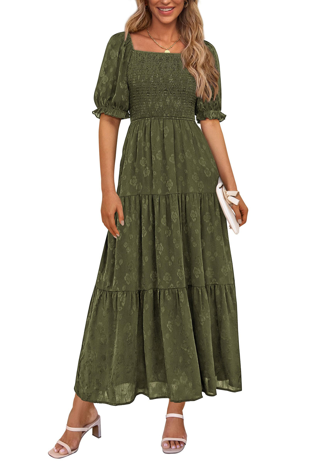 PRETTYGARDEN Women's Summer Casual Midi Dresses Square Neck Short Sleeve Smocked A Line Floral Flowy Elegant Boho Dress