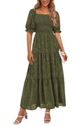 PRETTYGARDEN Women's Summer Casual Midi Dresses Square Neck Short Sleeve Smocked A Line Floral Flowy Elegant Boho Dress