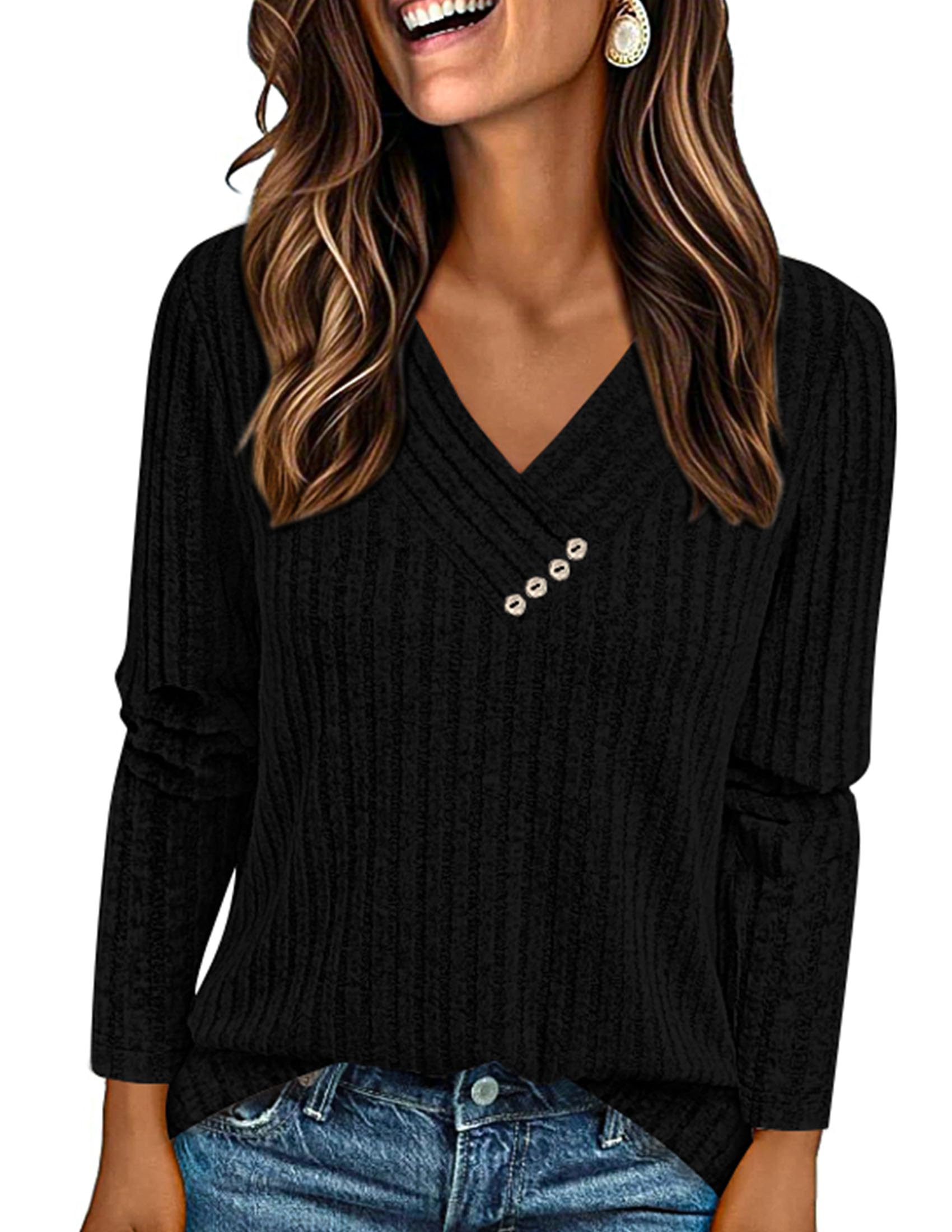 PRETTYGARDEN Women's Long Sleeve Shirts Fall Fashion Clothes Casual Ribbed V Neck Loose Tunic Tops Lightweight Sweaters
