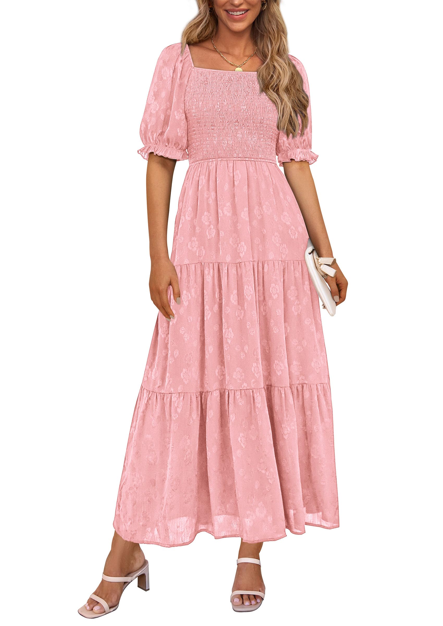 PRETTYGARDEN Women's Summer Casual Midi Dresses Square Neck Short Sleeve Smocked A Line Floral Flowy Elegant Boho Dress