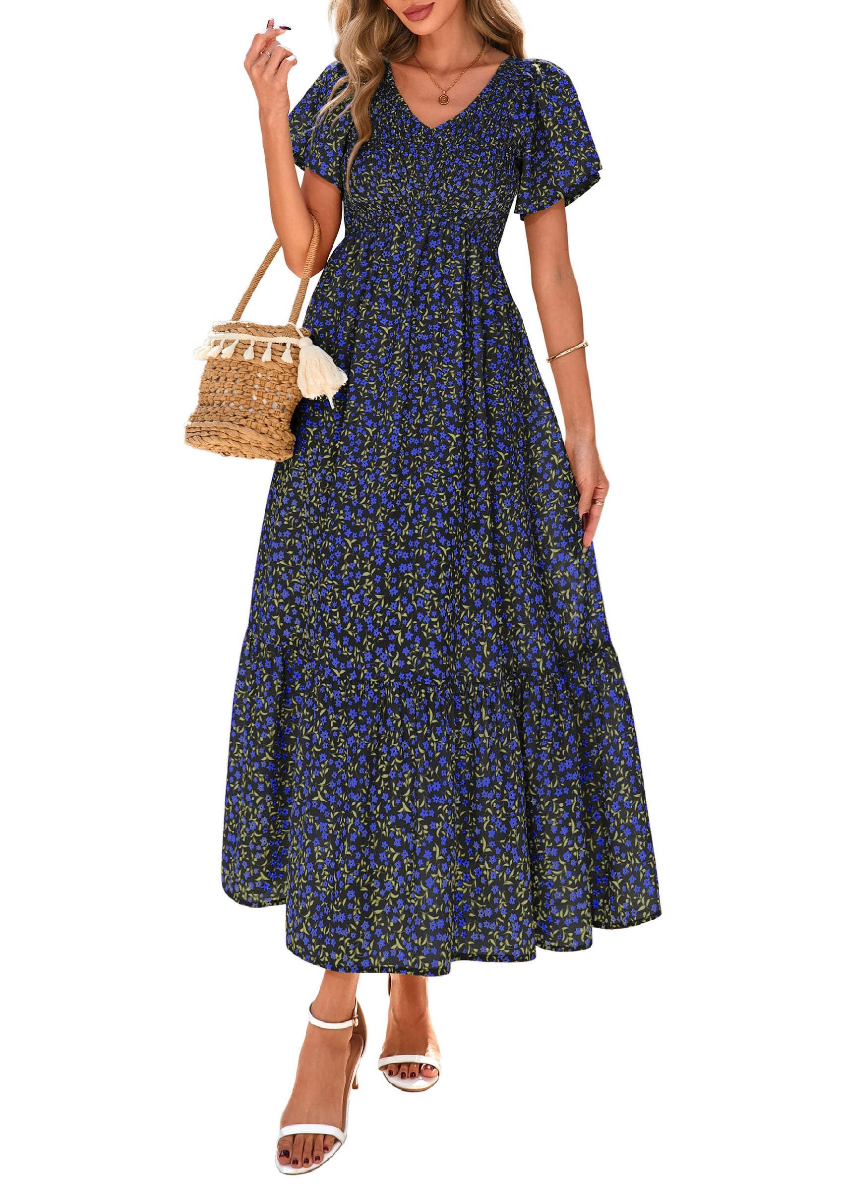 PRETTYGARDEN Boho Dresses for Women Summer Floral Short Sleeve V Neck Smocked Flowy Beach Vacation Maxi Dress