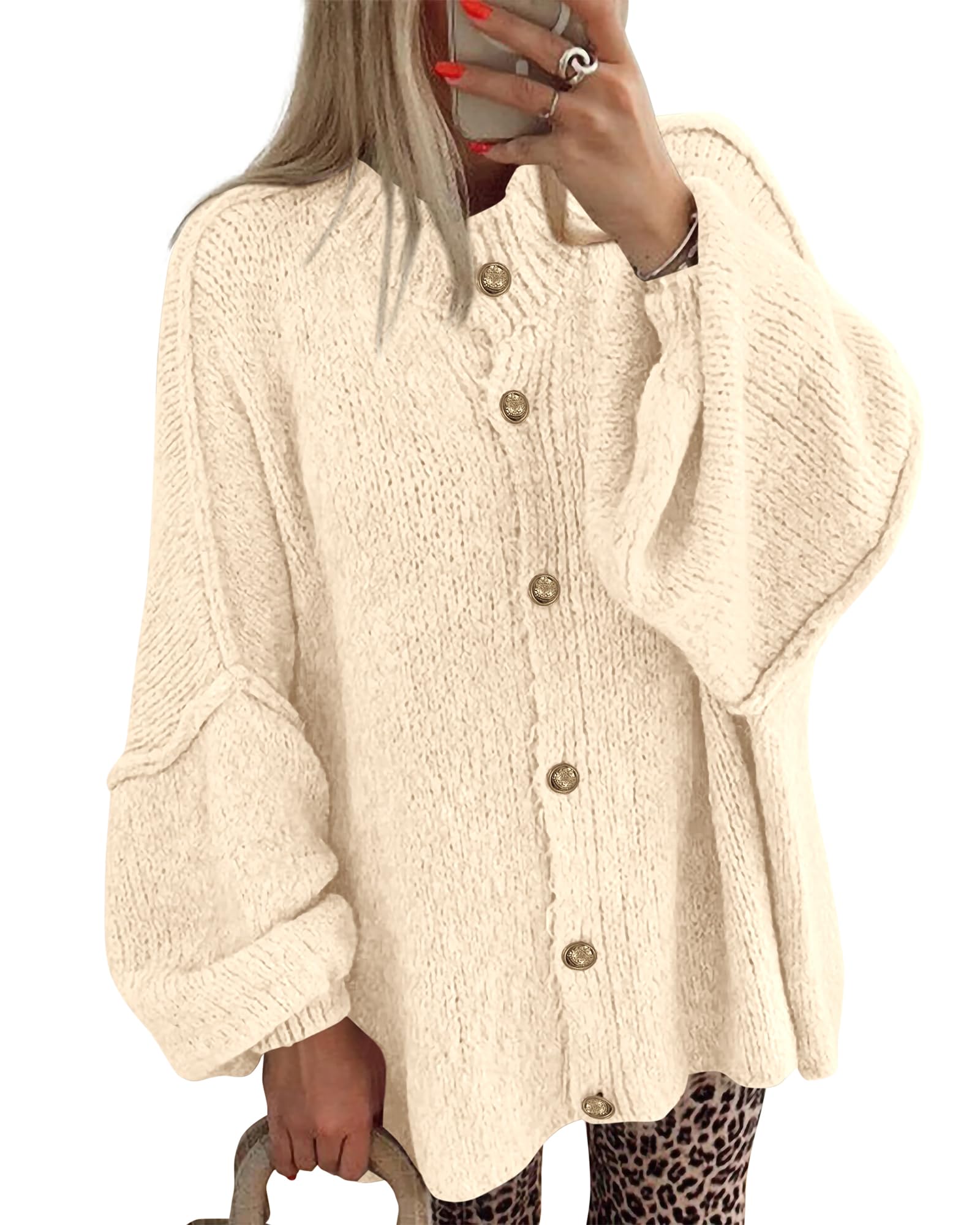 BTFBM Cardigan Sweaters for Women Fall Clothes Lantern Long Sleeve Button Open Front Chunky Knit Oversized Sweater