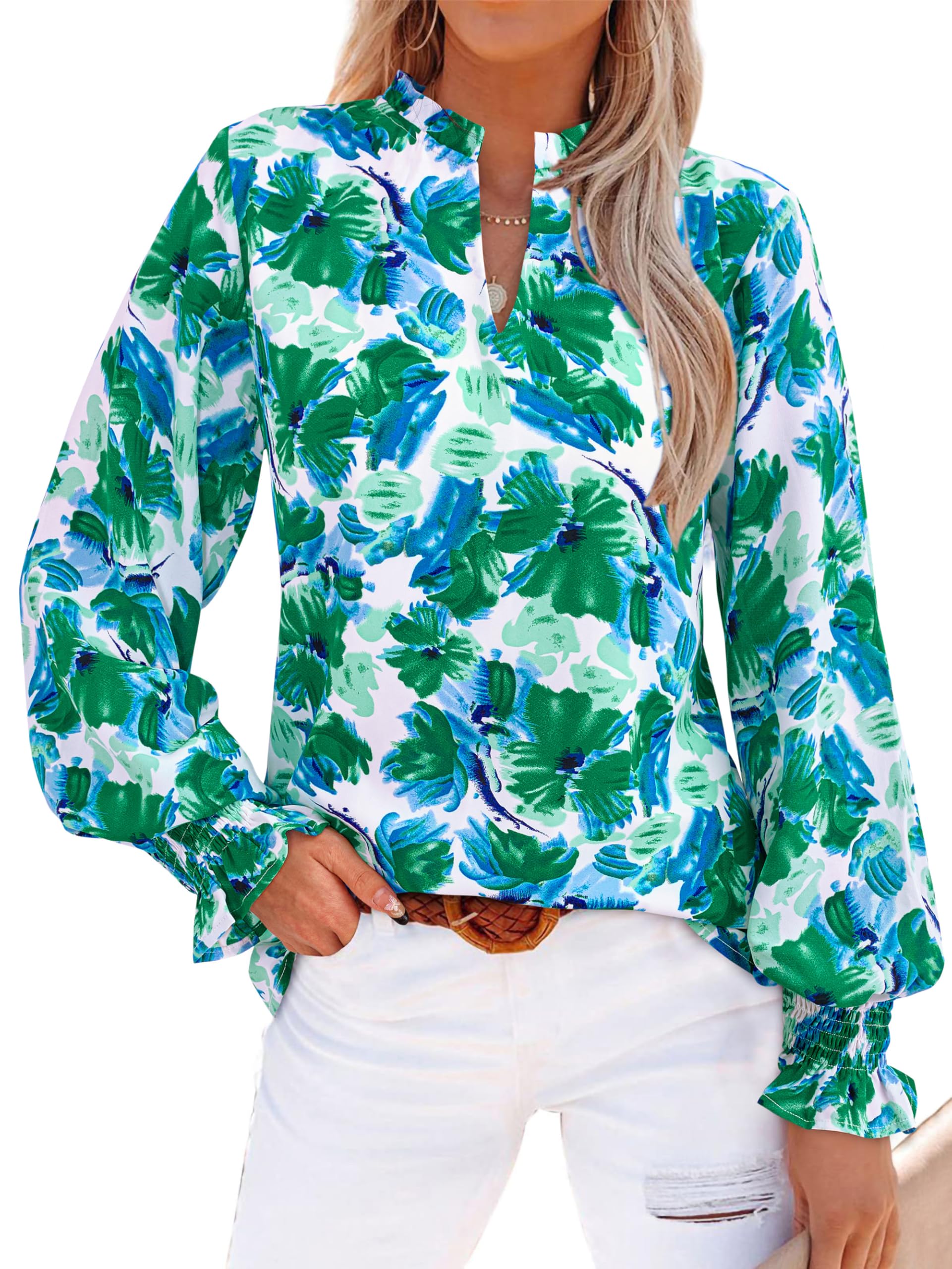 FreshPretty Womens V Neck Floral Long Sleeve Tops Summer Casual Loose Puff Sleeve Chiffon Boho Work Blouse Dressy T Shirts