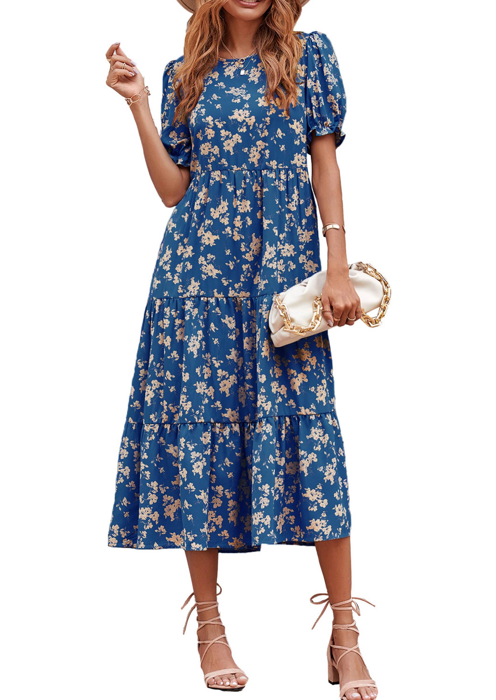 PRETTYGARDEN Summer Dresses for Women Casual Floral Boho Midi Sun Dress Puff Short Sleeve Flowy Beach Vacation Sundress