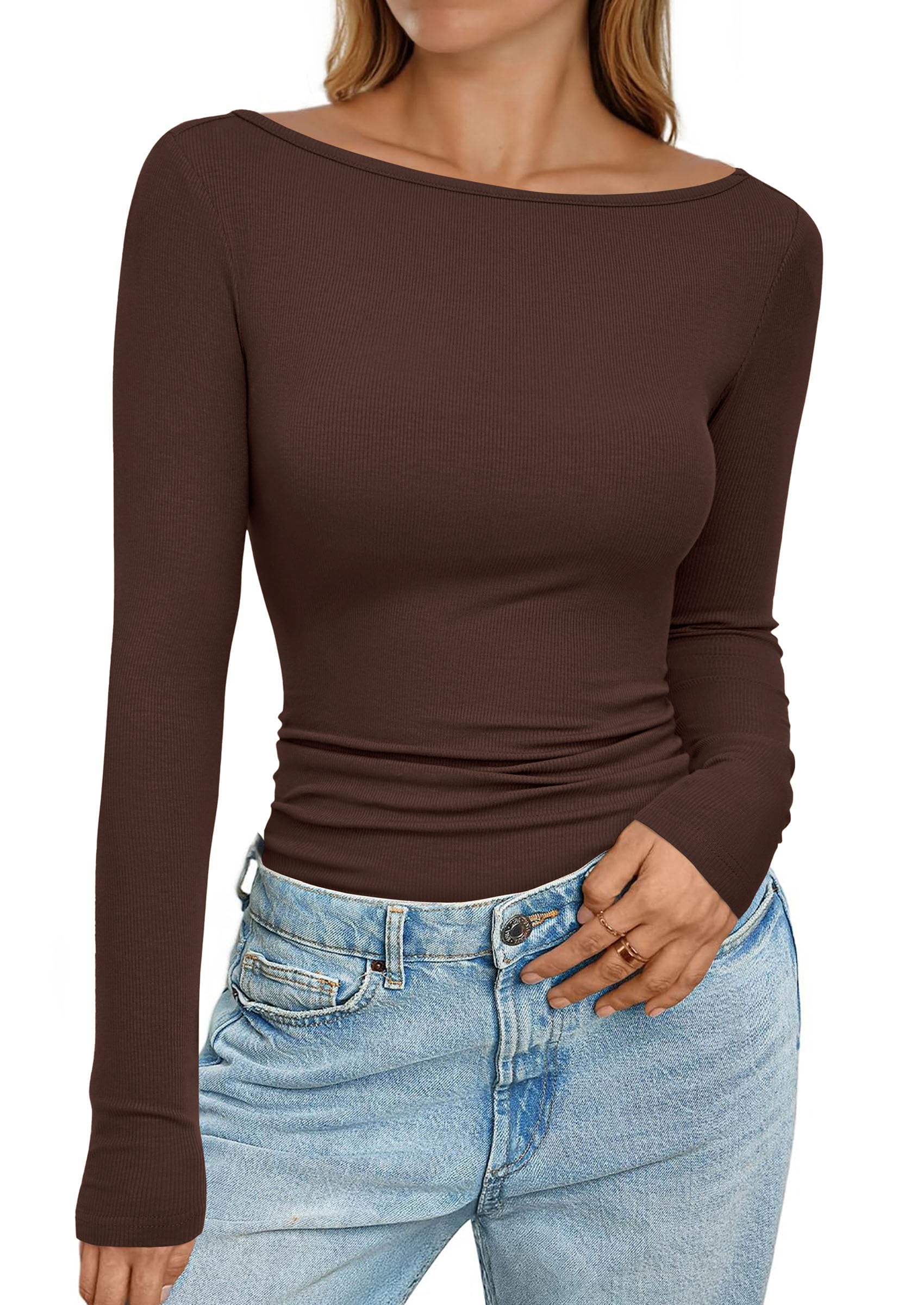 PRETTYGARDEN Long Sleeve Shirts for Women Fall Boat Neck Ribbed Knit Ruched Fitted Going Out Tops Casual Basic Tees