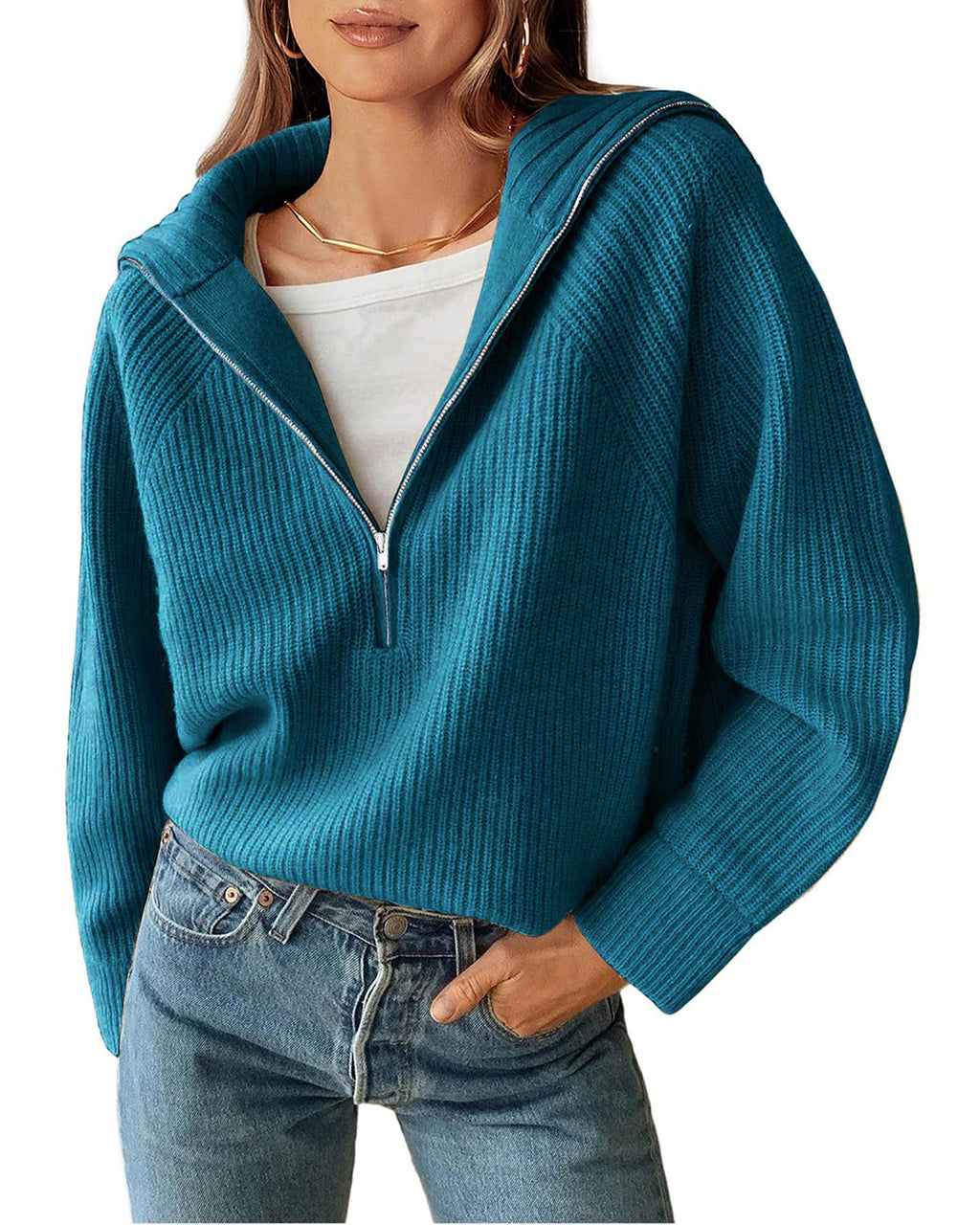 BTFBM Womens Sweaters Quarter Zip Pullover V Neck Collar Long Sleeve Ribbed Knit Loose Casual Winter Fall Sweater