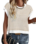PRETTYGARDEN Womens Short Sleeve Sweater Spring Summer Round Neck Striped Pullover Cap Sleeve Knit Sweater Vest Tops