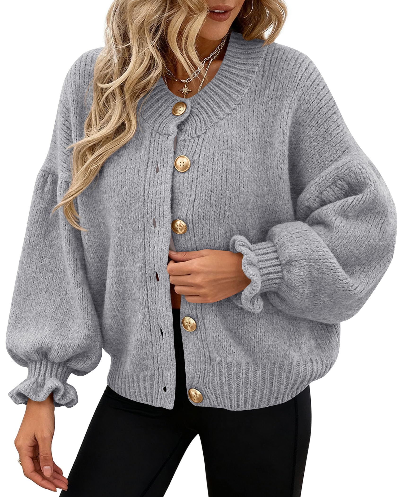 PRETTYGARDEN Womens Cropped Cardigans Trendy Ruffle Open Front Chunky Knit Sweater Oversized Button Down Fall Clothes