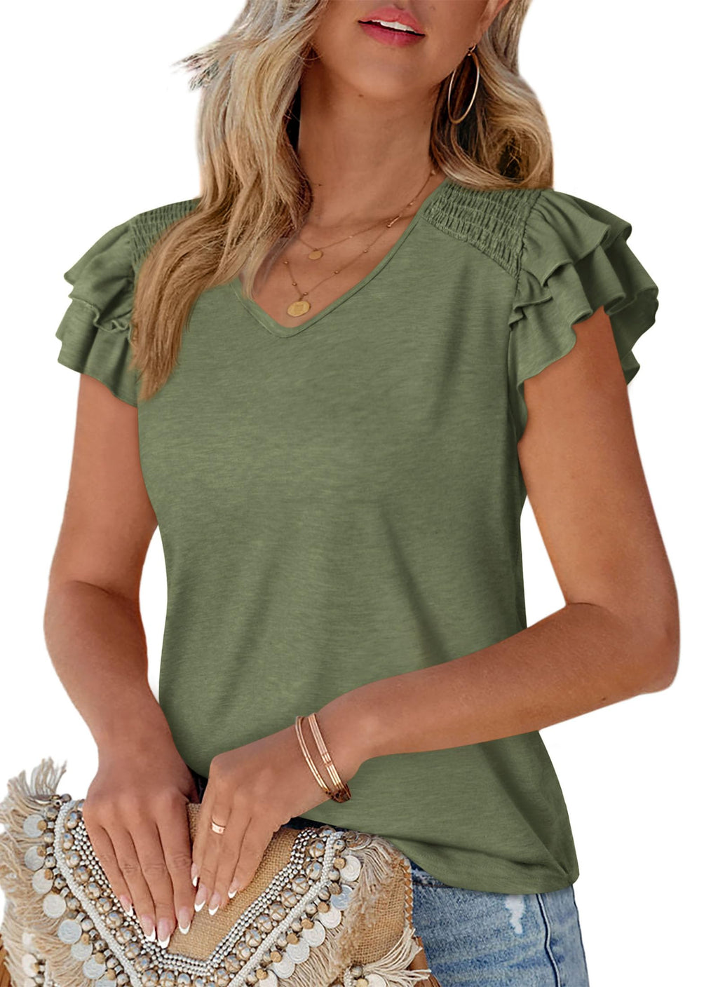 PRETTYGARDEN Summer Tops for Women Spring Trendy Fashion Clothes Casual Ruffle V Neck Short Sleeve Shirts Blouses