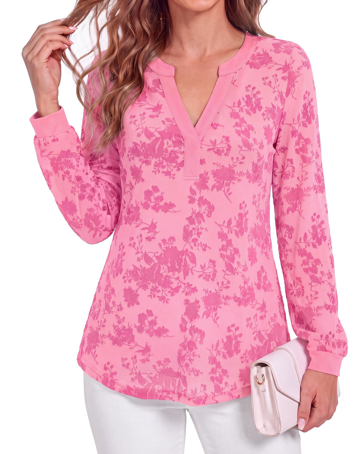 BTFBM Womens Tops Floral Sheer Mesh Long Sleeve Blouses Dressy Casual V Neck Flocked Mesh Shirts,Velvet-Like Flowers,Double Layered,Loose Fit Tunics,Business Casual Top,Fall Fashion Clothing