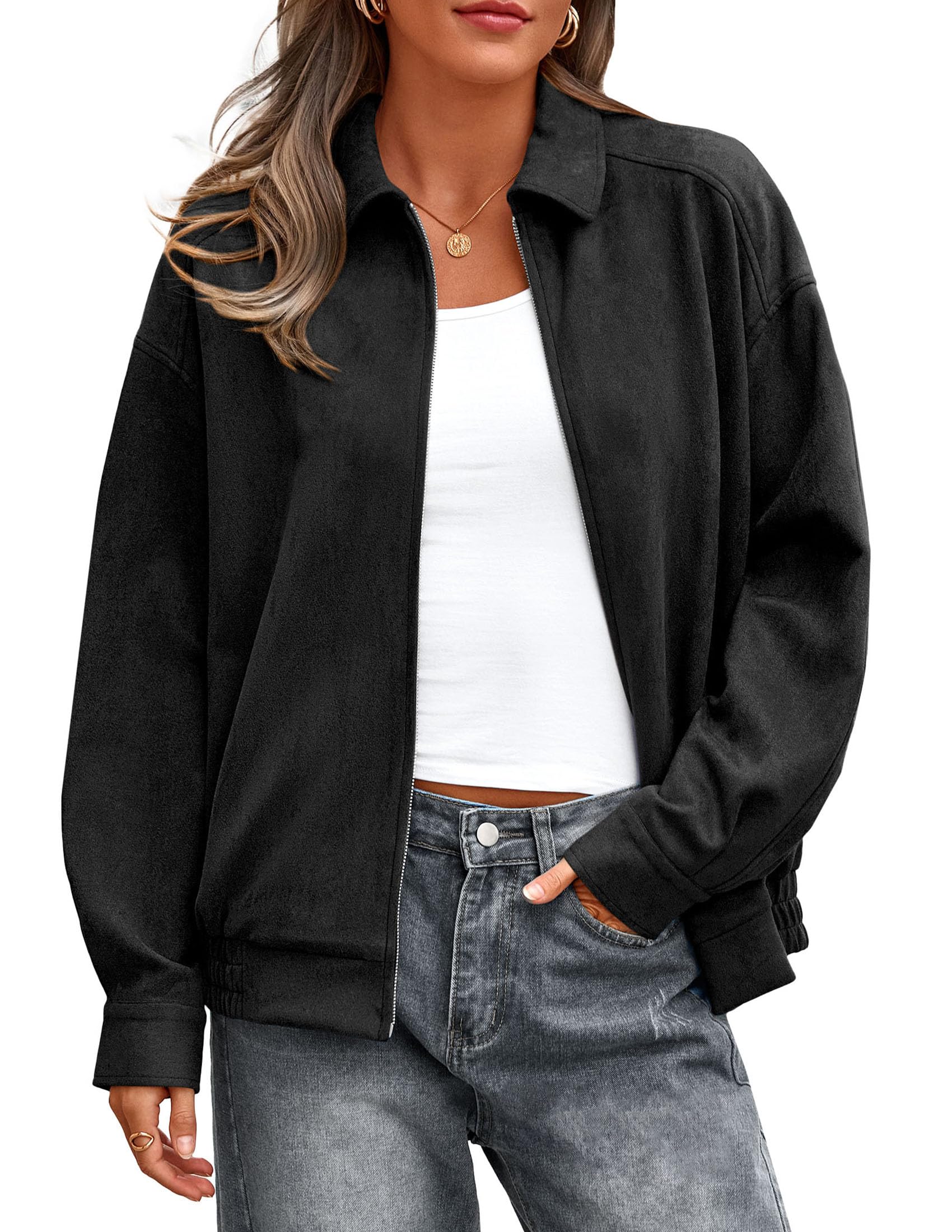 PRETTYGARDEN Faux Suede Bomber Jacket Women Fall Fashion Casual Zip Up Oversized Trendy Winter Clothing Outerwear Coats