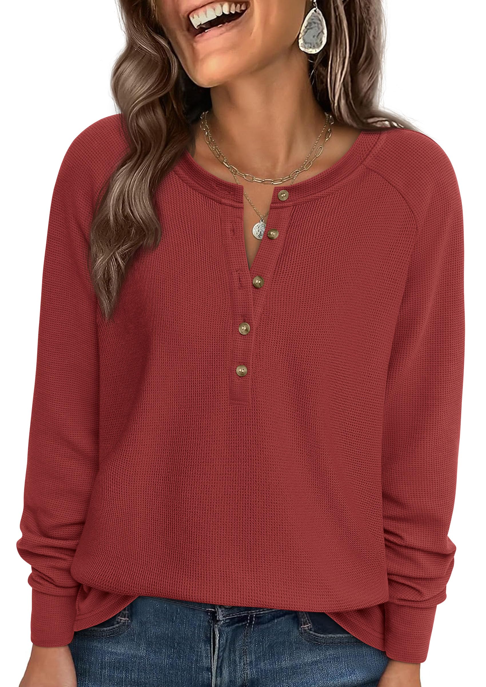 PRETTYGARDEN Women's Long Sleeve Waffle Knit Shirts Fall Casual Button Up Henley V Neck Tunic Tops Loose Fit Basic Tees