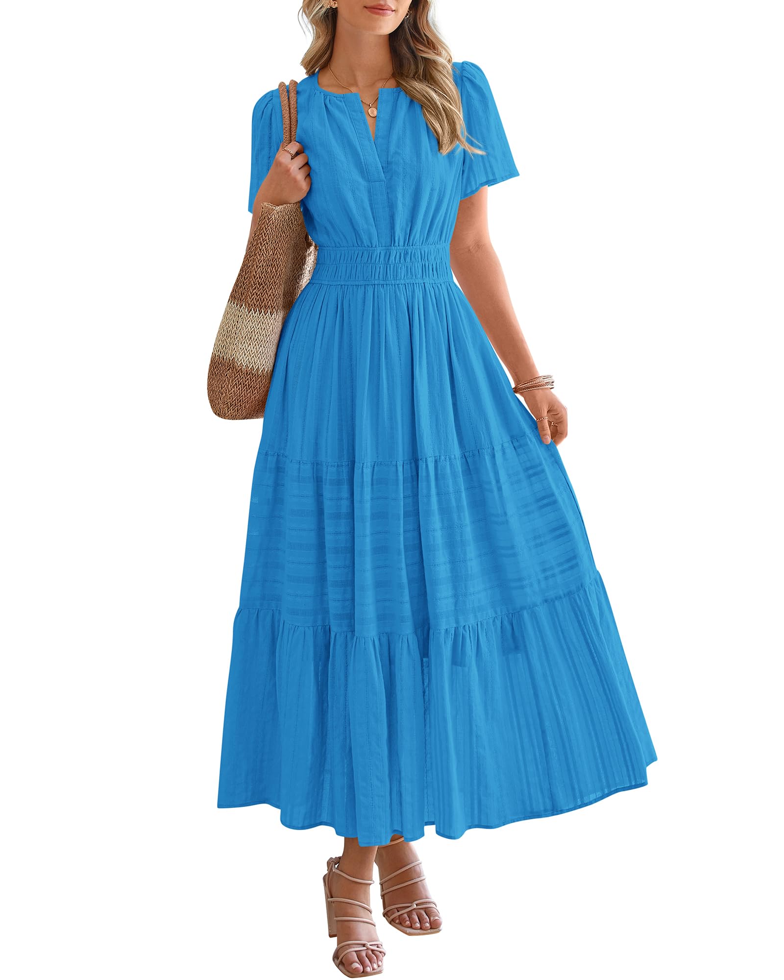 BTFBM Womens Summer Casual Midi Maxi Dresses Lightweight Short Sleeve V Neck Elastic Waist Boho Beach Dress Pockets