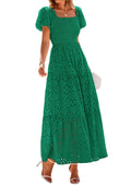 PRETTYGARDEN Summer Dresses for Women Eyelet Square Neck Puff Sleeve Smocked Wedding Guest Maxi Dress with Pockets