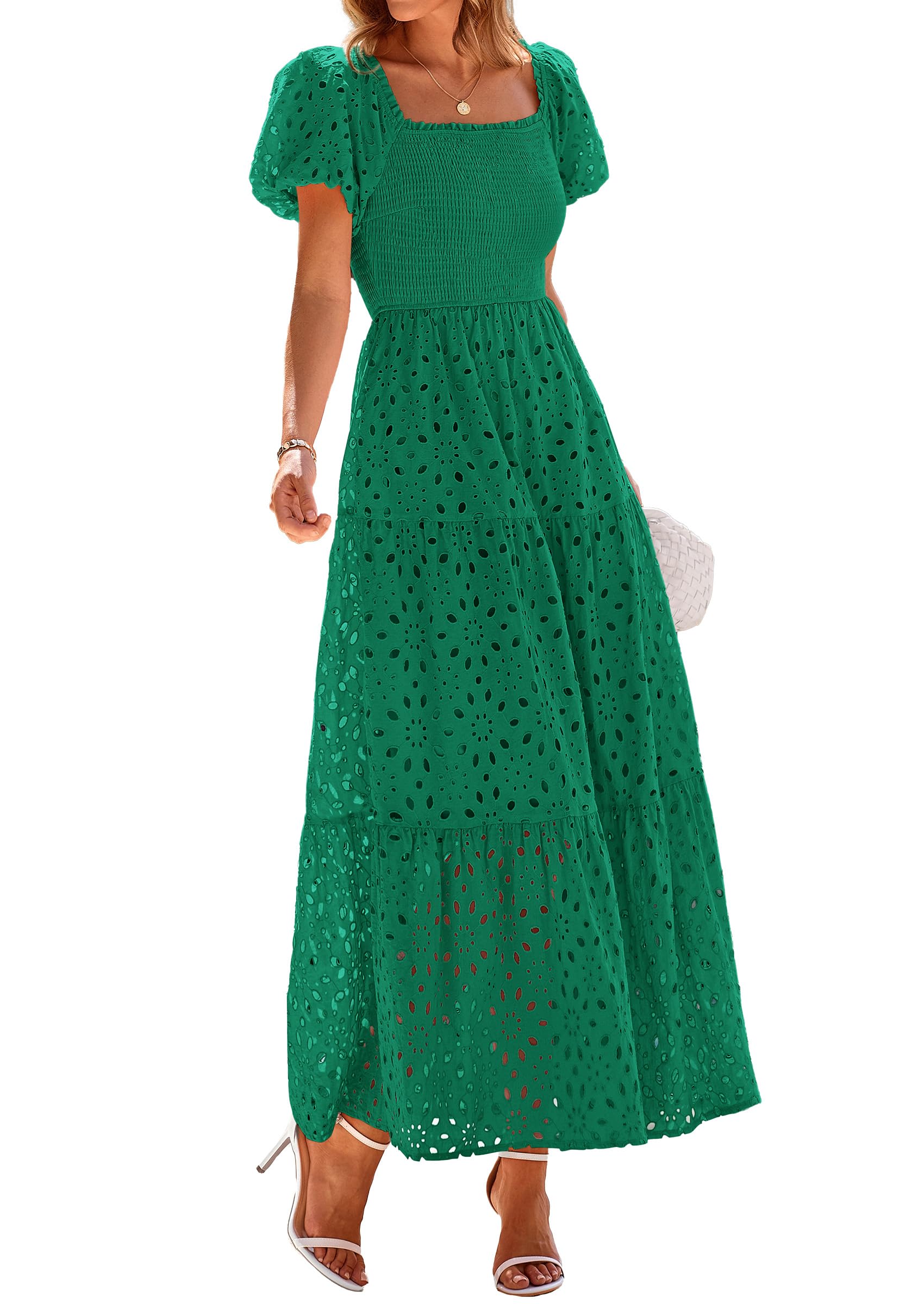 PRETTYGARDEN Summer Dresses for Women Eyelet Square Neck Puff Sleeve Smocked Wedding Guest Maxi Dress with Pockets