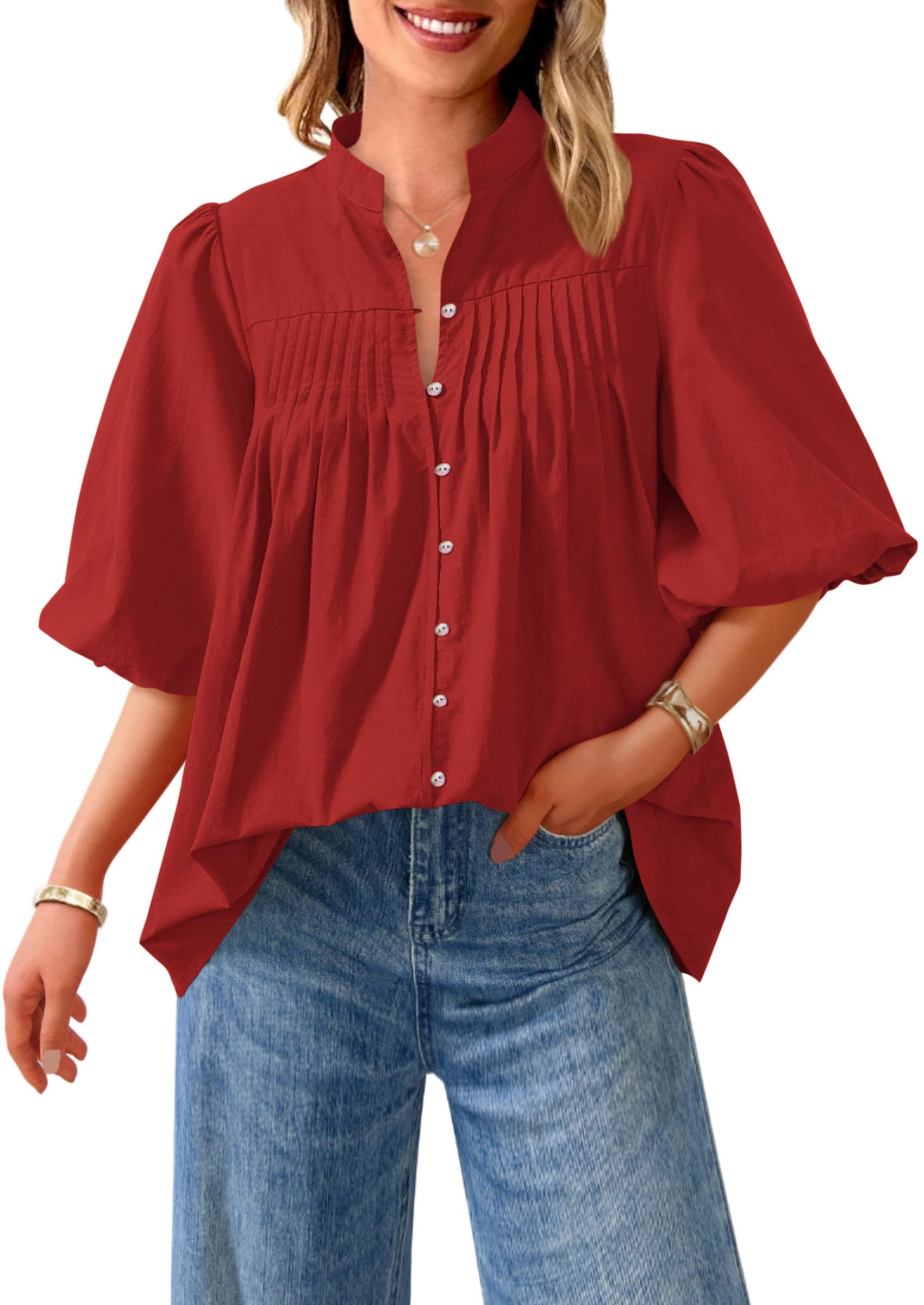 PRETTYGARDEN Women's  Summer Short Lantern Sleeve Tops Loose Fit Button Down Shirt Pleated V Neck Blouses Trendy Clothes