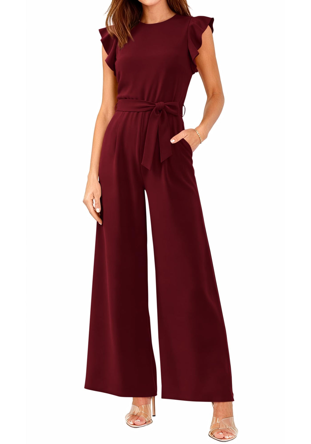 BTFBM Jumpsuits For Women Crew Neck Dressy Cap Sleeve Belted High Waist Wide Leg Romper One Piece Casual Outfits Pockets