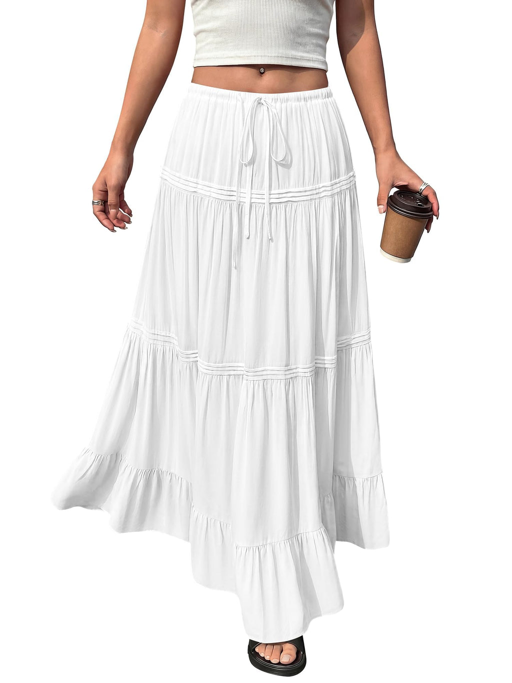 BTFBM Spring Skirts for Women Summer Boho Beach Vacation Clothes Casual Pleated High Waisted Flowy Maxi Skirt