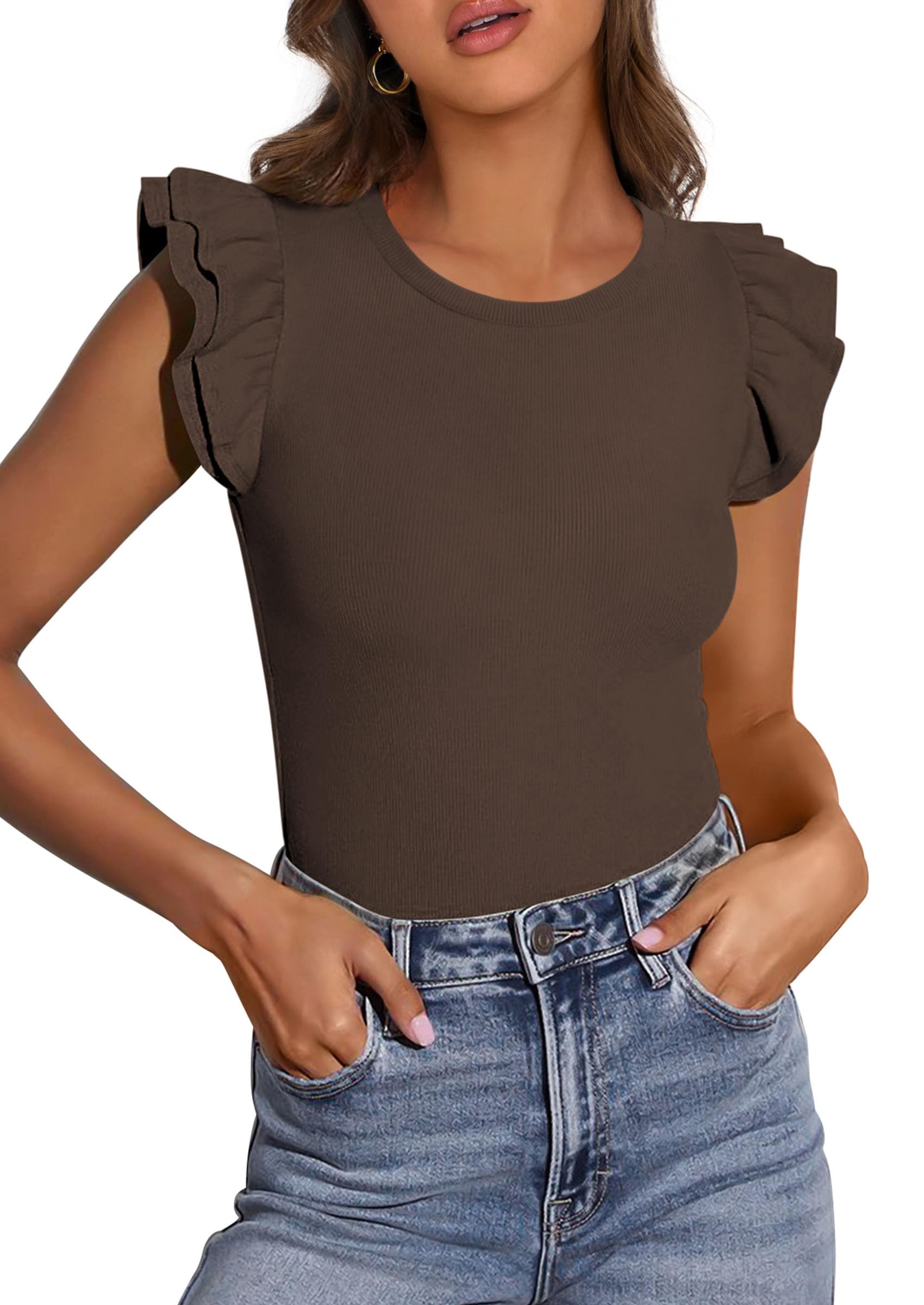 PRETTYGARDEN Womens Summer Crew Neck T Shirts Trendy Ruffle Sleeve Slim Fit Knit Going Out Tops Casual Spring Clothes