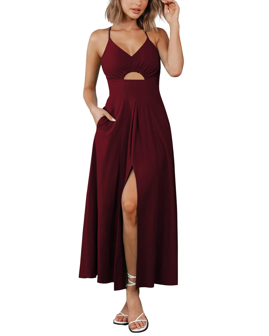 FreshPretty Women Summer Spaghetti Strap Midi Dress Sleeveless V Neck Cutout Slit Casual Beach Party Maxi Dresses Pockets