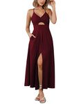 FreshPretty Women Summer Spaghetti Strap Midi Dress Sleeveless V Neck Cutout Slit Casual Beach Party Maxi Dresses Pockets