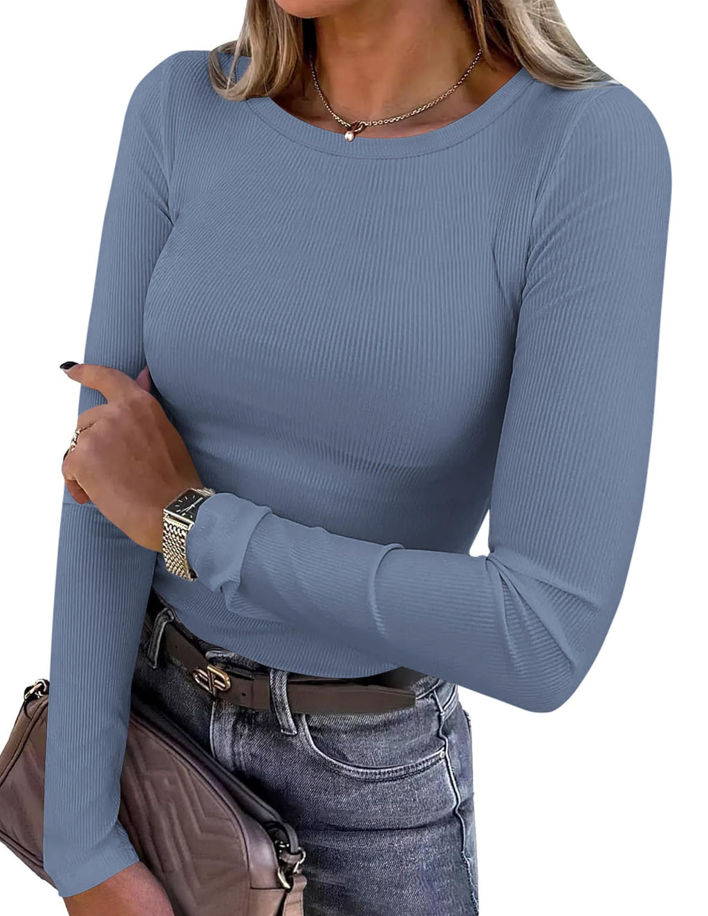 PRETTYGARDEN Women Fall Clothes Long Sleeve Shirts Ribbed Knit Fitted Basic Tee Going Out Tops Underscrub Casual Outfits