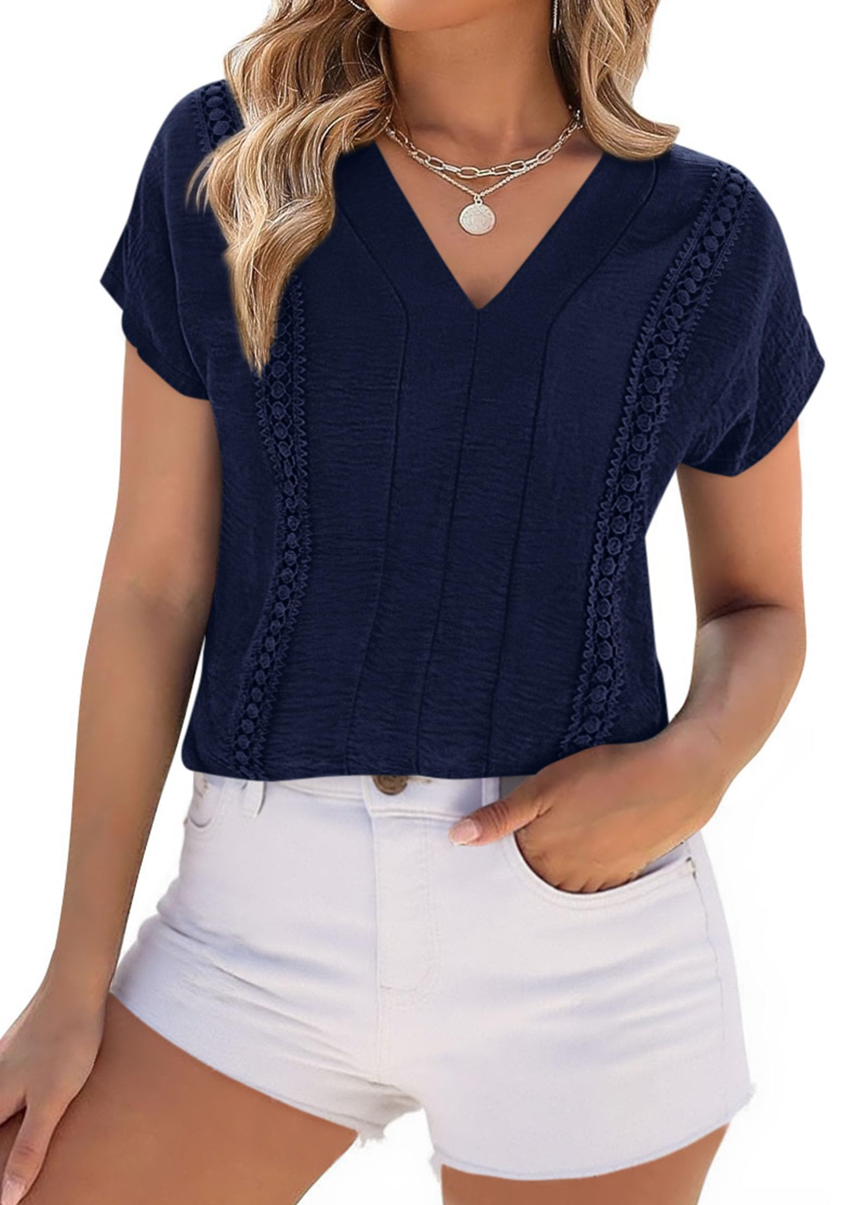 PRETTYGARDEN Spring Tops for Women Summer Fashion Clothes Dressy Casual Blouses Cap Sleeve V Neck Shirts Work Outfits