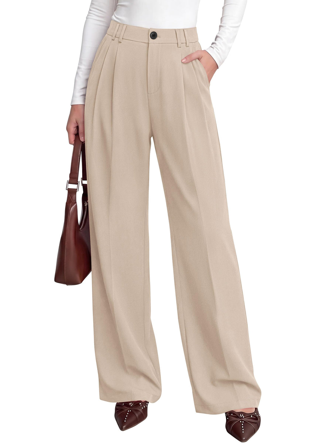 PRETTYGARDEN Women's Dress Pants Wide Leg Flowy Trousers High Waisted Palazzo Pants, Pleated Front, Side Pockets, Work Office Wear, Business Casual Outfits, Fall Fashion Clothing