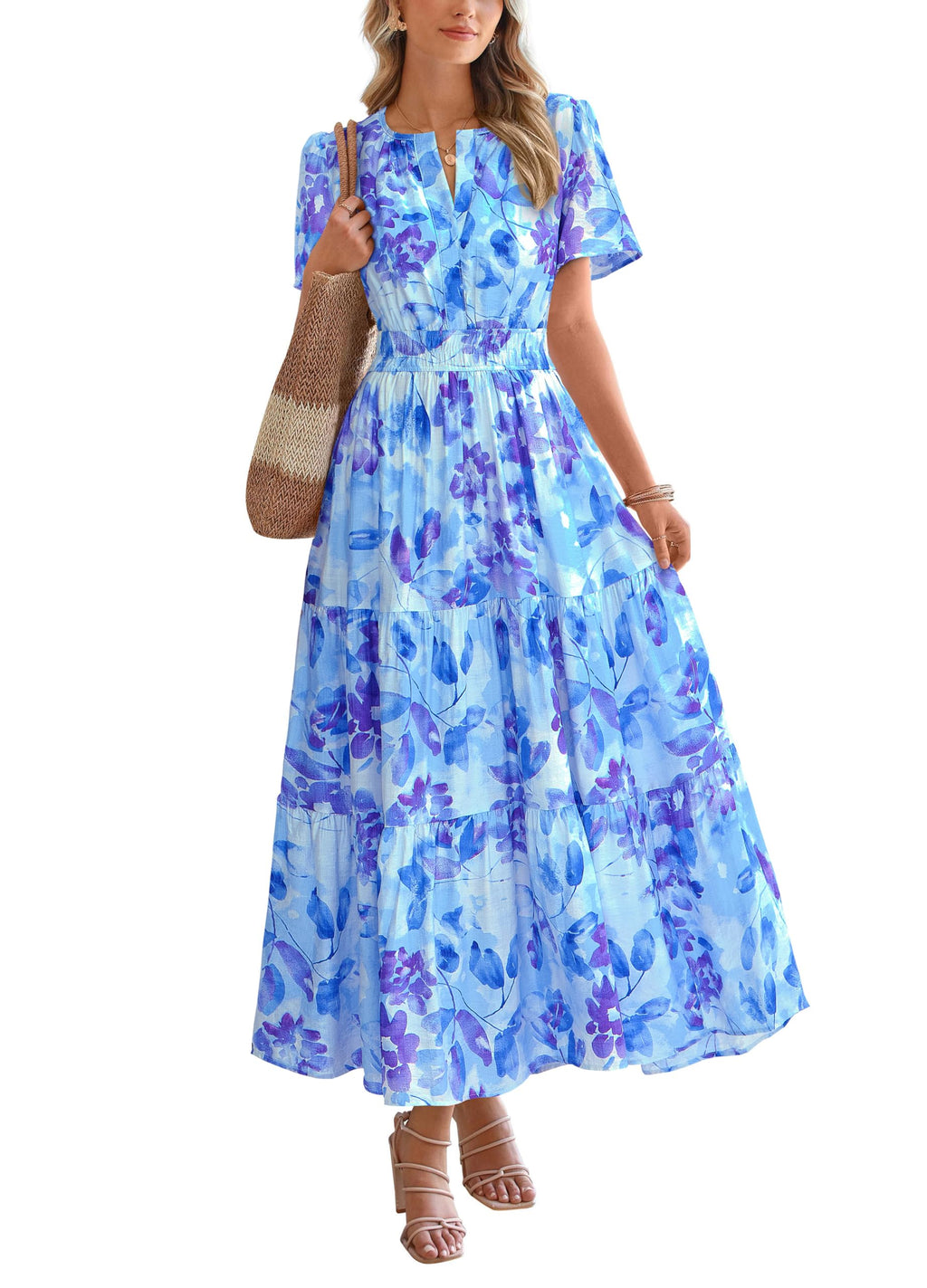 BTFBM Womens Summer Floral Maxi Dresses V Neck Short Sleeve Boho Casual Flowy Long Wedding Guest Dress Beach Vacation