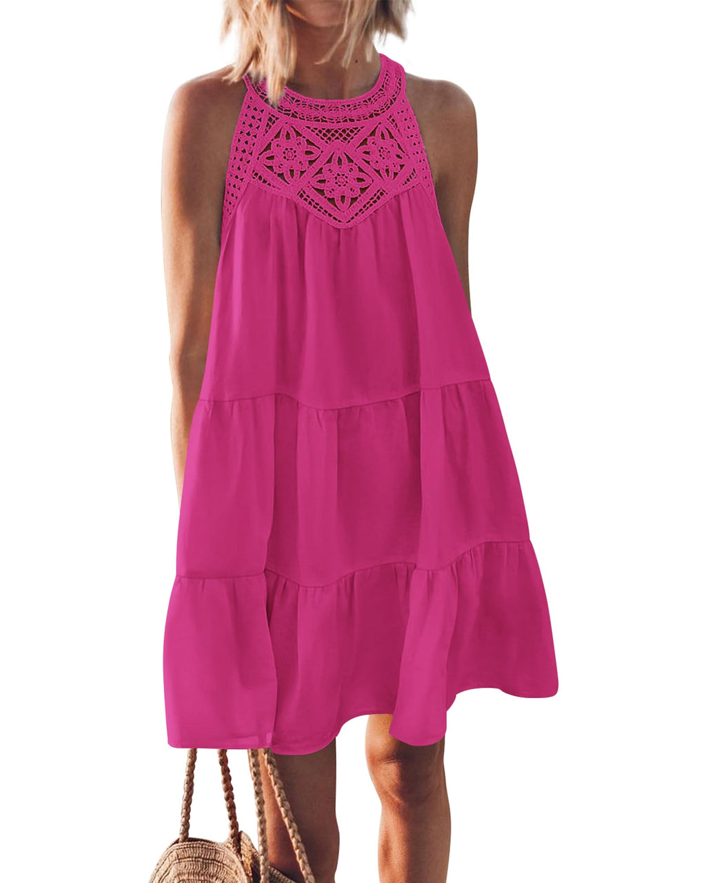 PRETTYGARDEN  Women Summer Dresses Casual Spring Clothes Sleeveless Halter Neck A-Line Tiered Mini Dress Beach Sundress