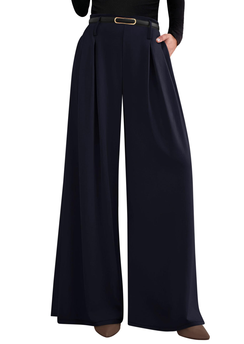PRETTYGARDEN Womens Spring Wide Leg Trousers High Elastic Waist Loose Pleated Long Flowy Palazzo Work Pants with Pockets
