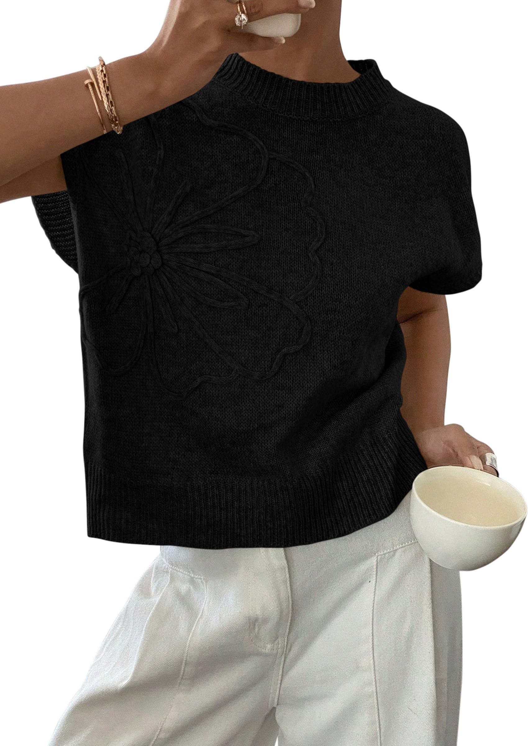 PRETTYGARDEN Women's Spring Sweater Vest Trendy Flower Knit Short Sleeve Cute Pullover Tank Tops Summer Fashion Clothing