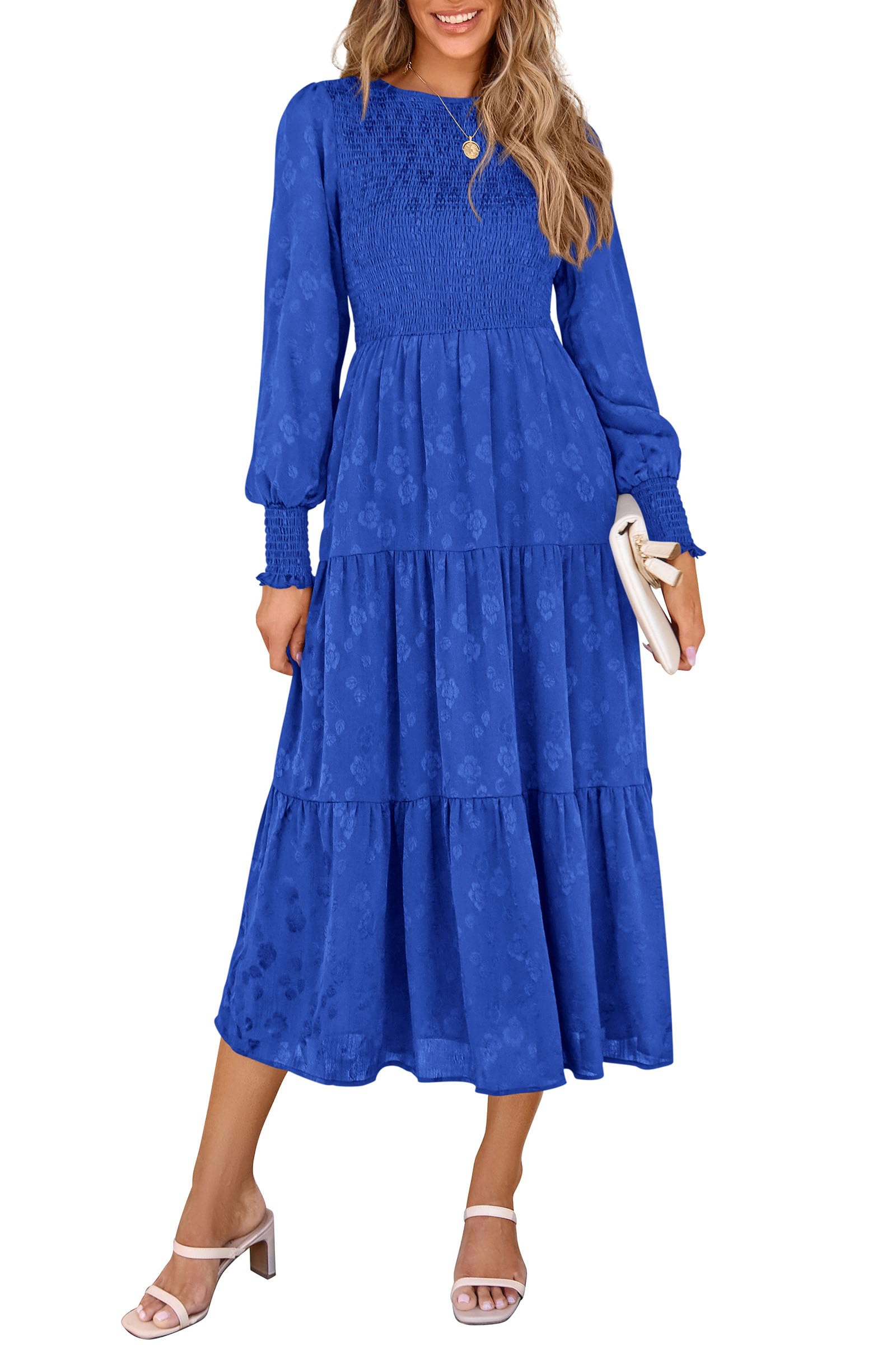 PRETTYGARDEN Women's Fall Spring Midi Dress Long Sleeve Floral Smocked Elegant Wedding Guest Long Flowy Dresses with Pockets