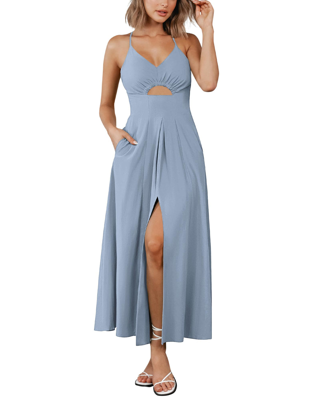 BTFBM Women Spaghetti Strap Midi Summer Dresses Sleeveless V Neck Cutout Slit Casual Beach Party Maxi Dress Pockets