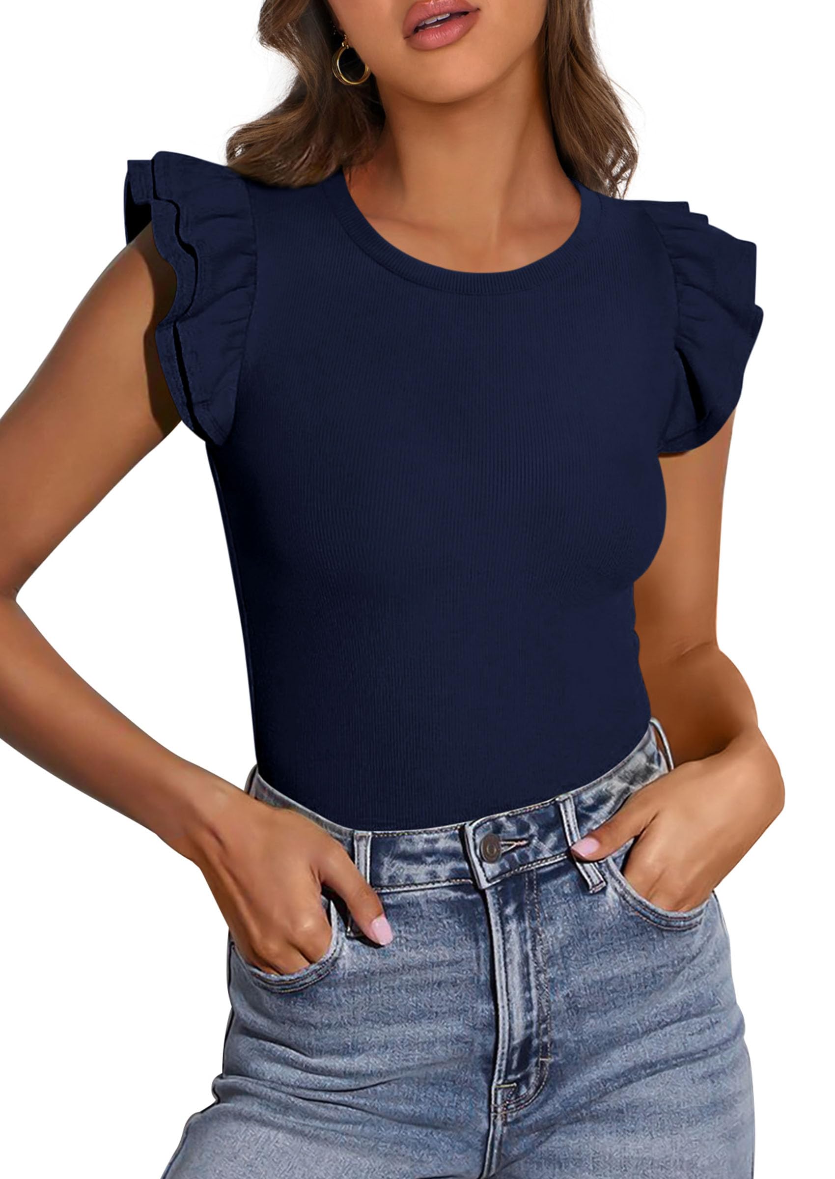 PRETTYGARDEN Womens Summer Crew Neck T Shirts Trendy Ruffle Sleeve Slim Fit Knit Going Out Tops Casual Spring Clothes