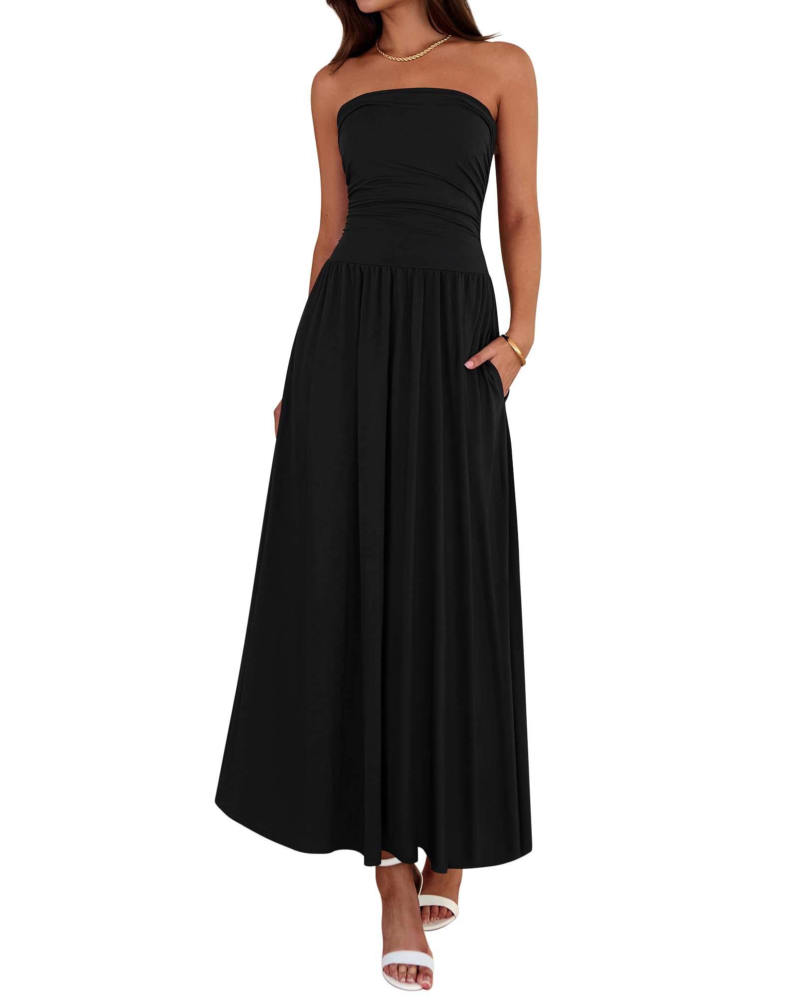 BTFBM Summer Maxi Dresses for Women Strapless Ruched Tube Top Beach Vacation Spring Wedding Guest Dress Pockets