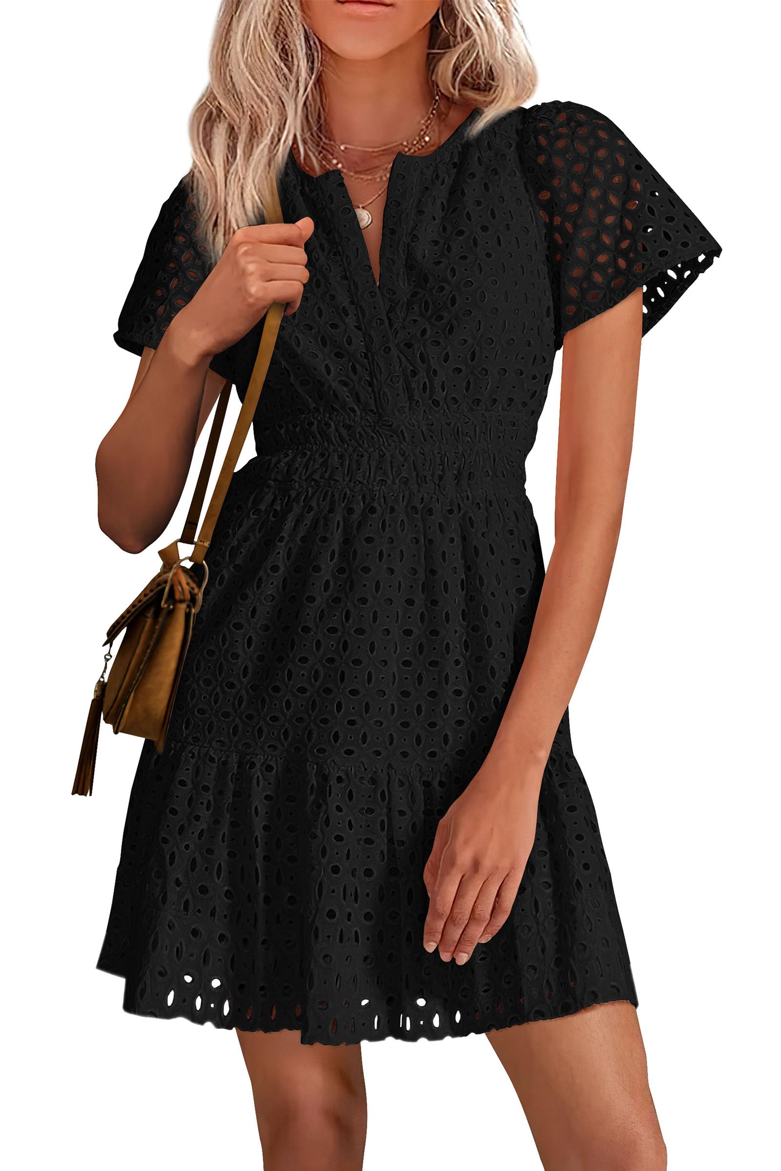 PRETTYGARDEN Womens Summer Short Dress V Neck Short Sleeve A Line Hollow Out Lace Ruffle Cute Casual Beach Party Dresses