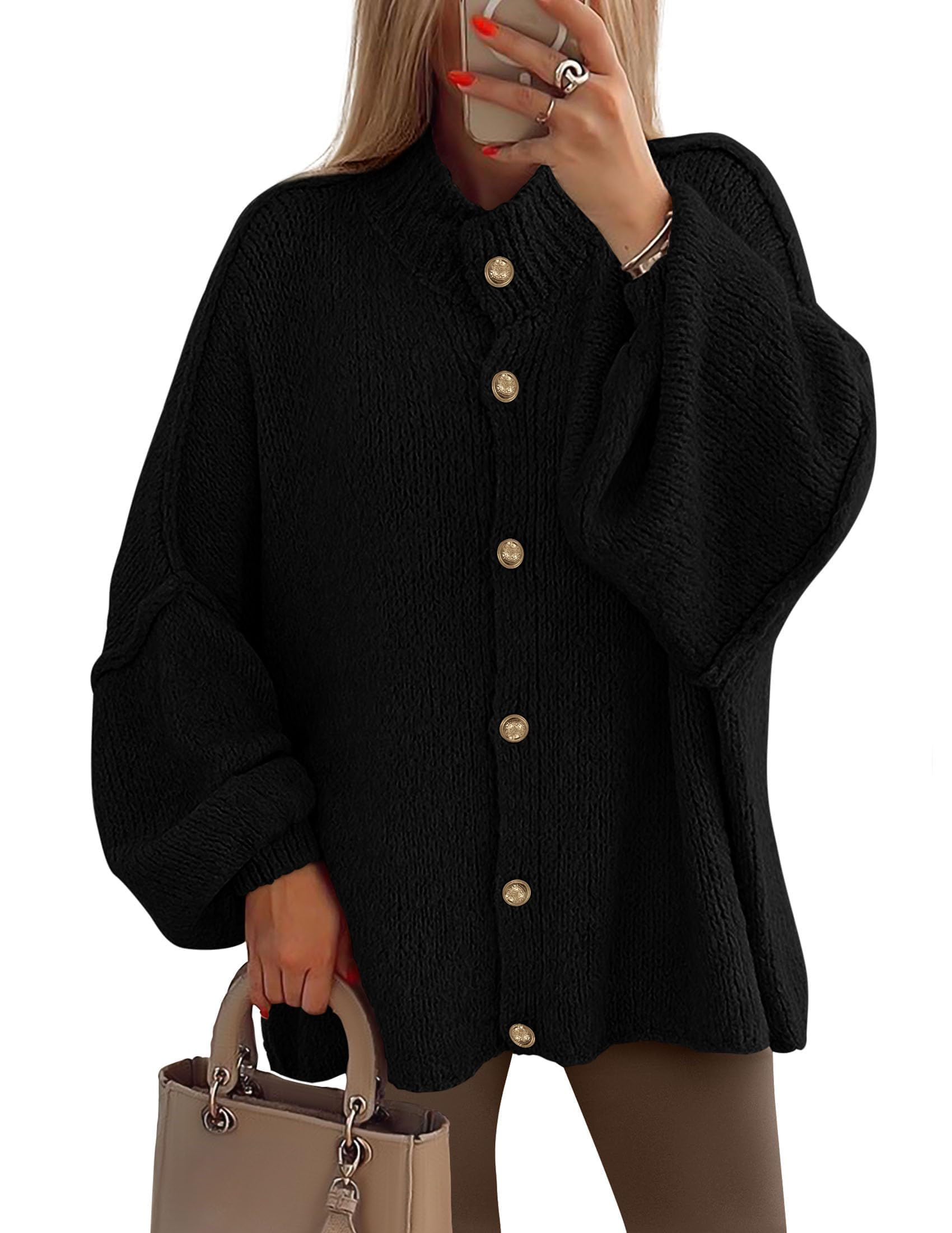 PRETTYGARDEN Women's Winter Button Down Cardigan Sweaters Mock Neck Lantern Long Sleeve Chunky Knit Jacket Trendy Outerwear