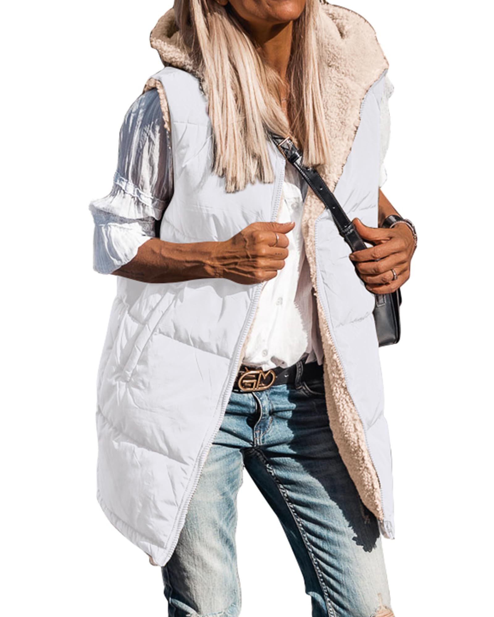 BTFBM Long Puffer Vest Women Fleece Sherpa Jacket Sleeveless Hooded Reversible Zip Up Winter Coat Fall Vests Outerwear
